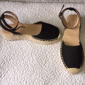 Black canvas, ankle strap espadrille wedge sandal